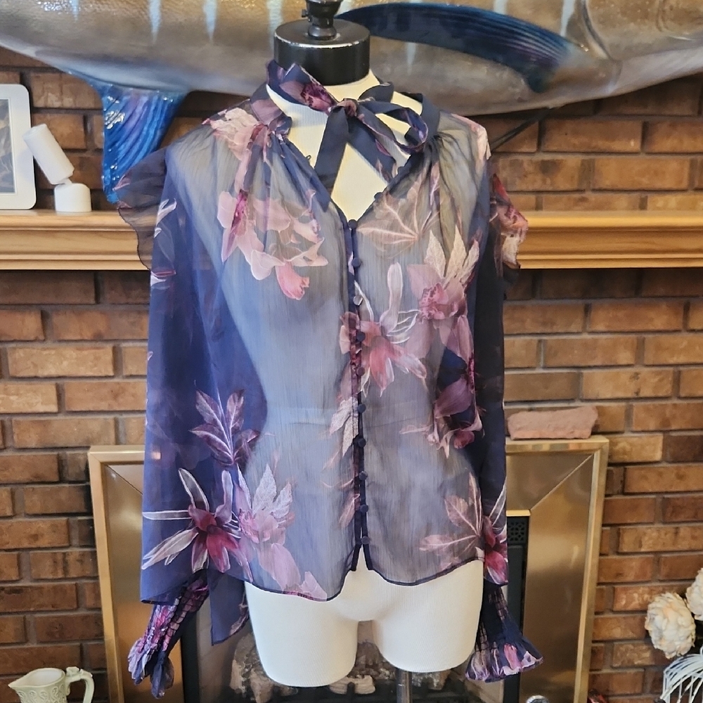 All Saints Navy and Pink Floral Blouse Sheer Size 8 Feminine Flowy Whimsy Fairy